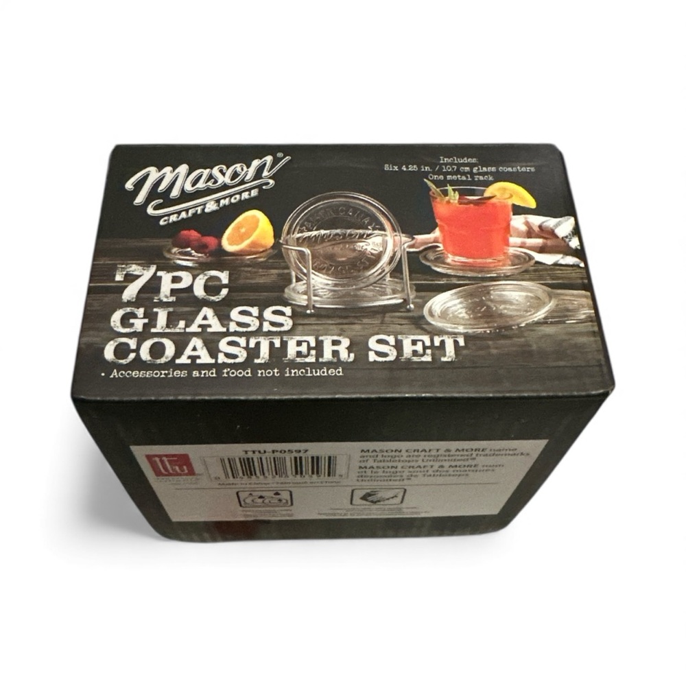 Mason Craft & More 7pc Glass Coaster Set with Metal Rack TTU-P0597 New Boxed